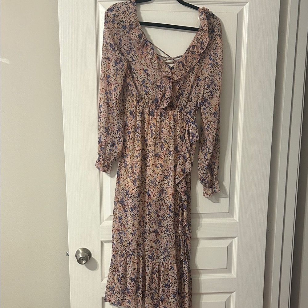Zara Pink and Blue Floral Ruffle Maxi Dress